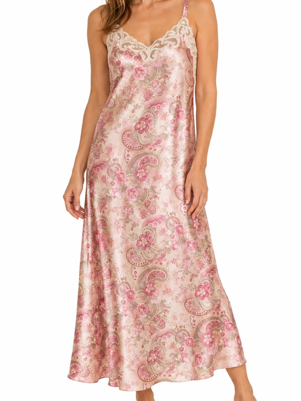 Cabernet Sleepwear XL Pink Floral Paisley Lace Trim Long Nightgown Slip Dress